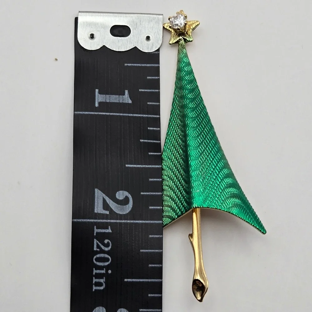 Cerrito Christmas Tree Brooch Green Enamel Rhinestone Star Signed Vintage